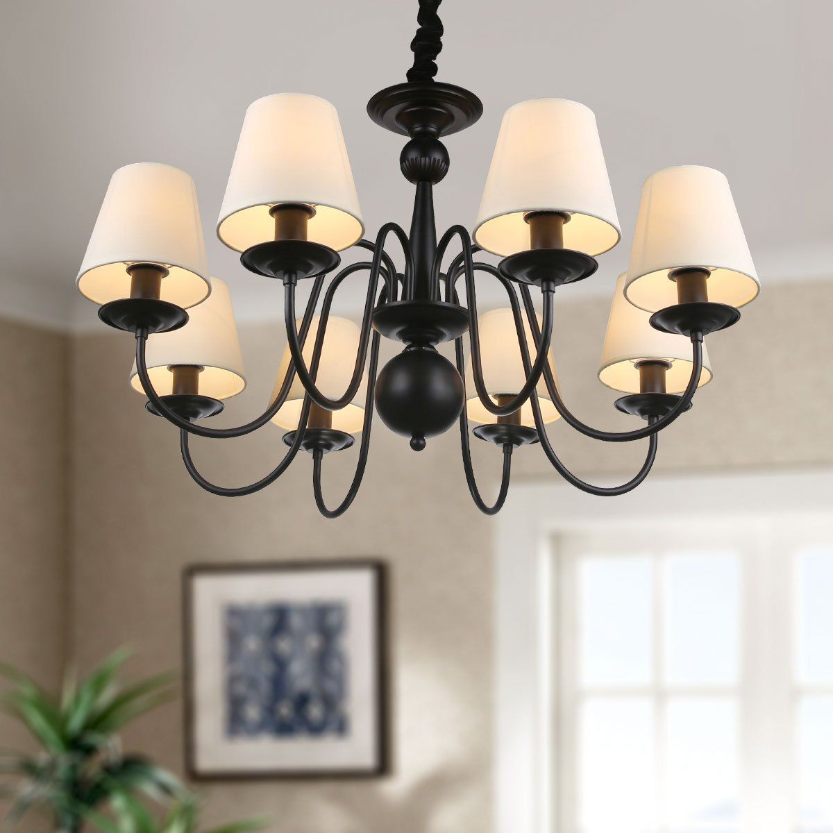 8 Light Black Wrought Iron Chandelier With Cloth Shades (e In Black Iron Eight Light Minimalist Chandeliers (View 12 of 15)
