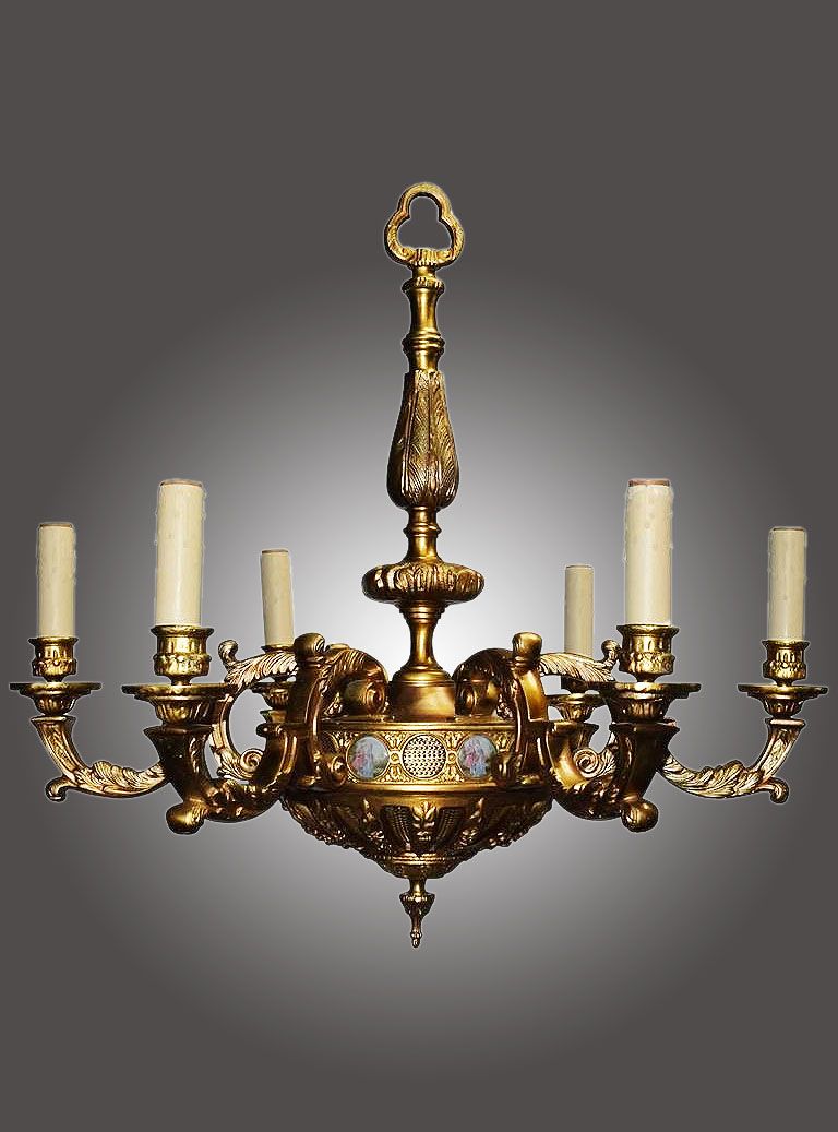Antique Bronze Chandelier With Porcelain Plaques | Maurice Inside Antique Brass Seven Light Chandeliers (View 3 of 15)