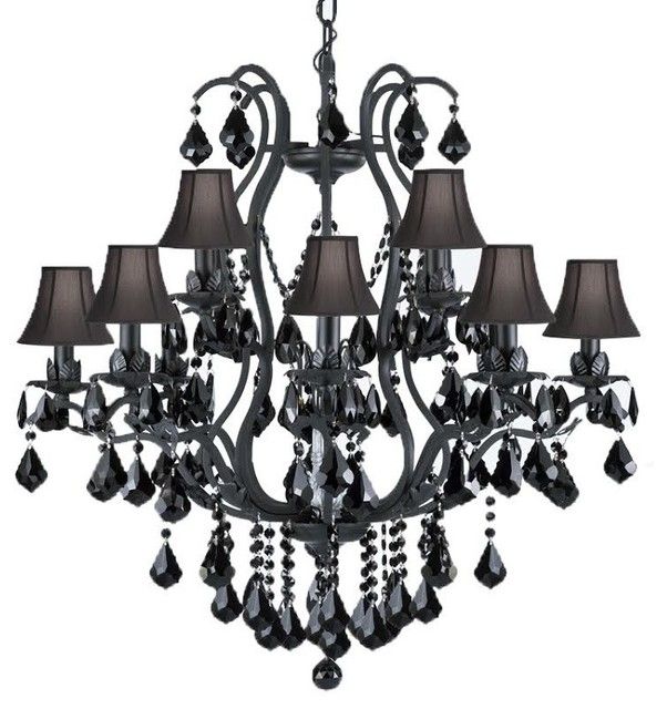Black Wrought Iron Crystal Chandelier Dressed With Black With Regard To Black Iron Eight Light Chandeliers (View 15 of 15)