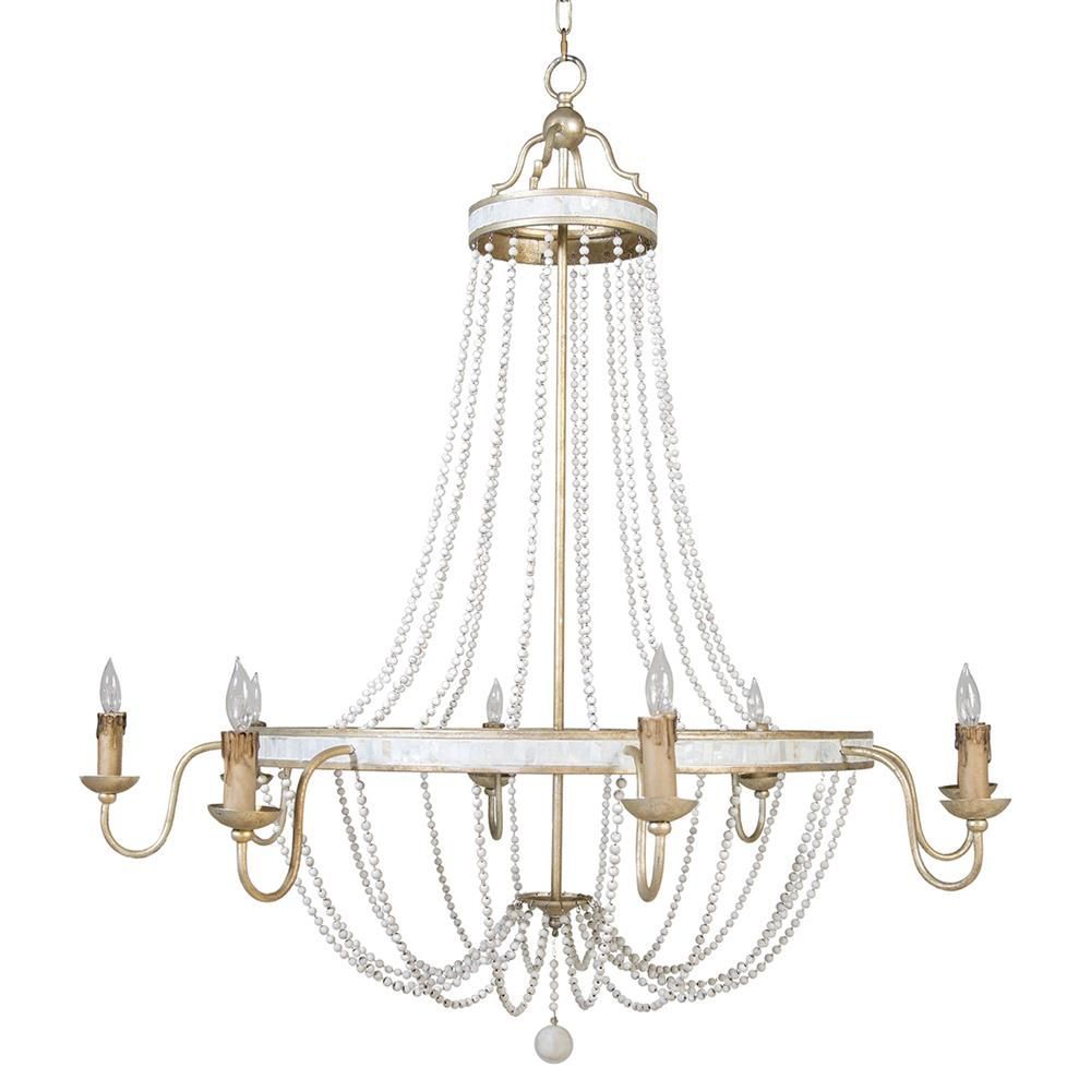 Cindy Coastal Beach Gold Silver White Wood Bead Empire With Regard To White And Weathered White Bead Three Light Chandeliers (View 8 of 15)
