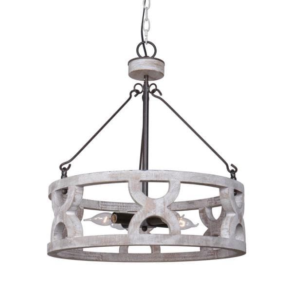 Farmhouse 3 Light Distressed White Wood Drum Chandelier With Regard To White And Weathered White Bead Three Light Chandeliers (View 3 of 15)