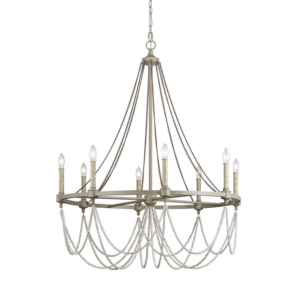 Feiss Beverly 8 Light French Washed Oak And Distressed Regarding White And Weathered White Bead Three Light Chandeliers (View 12 of 15)