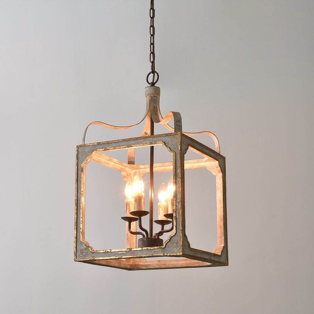 French Country 4 Light Square Lantern Chandelier Metal And With Regard To Antique Gold 13 Inch Four Light Chandeliers (Photo 15 of 15)