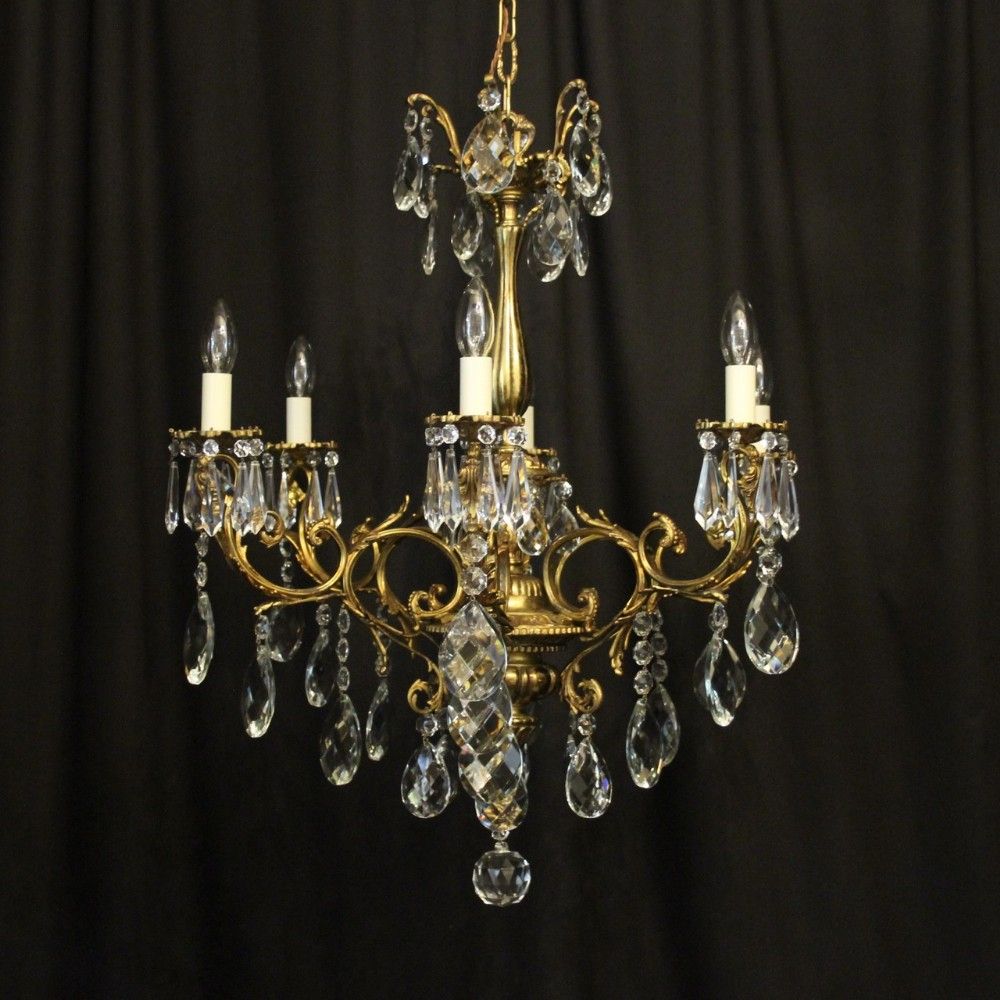 Italian Gilded Bronze & Crystal 6 Light Antique Chandelier With Regard To Antique Gild Two Light Chandeliers (View 15 of 15)
