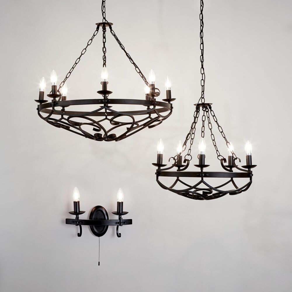 Large Gothic 8 Light Scrolled Iron Cartwheel Chandelier With Black Iron Eight Light Minimalist Chandeliers (View 11 of 15)
