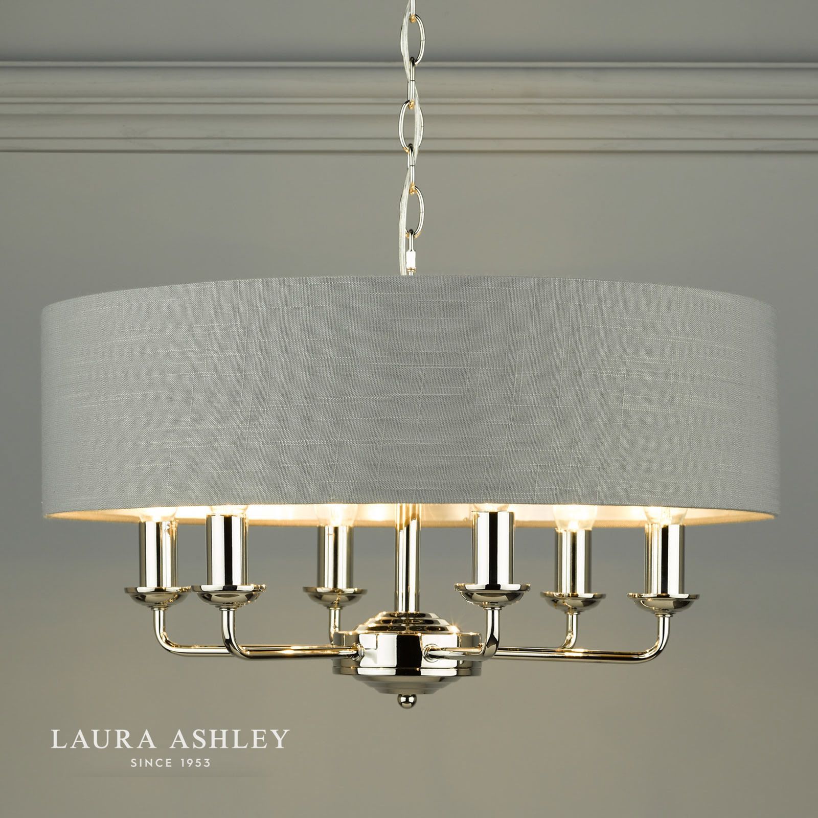 Laura Ashley Sorrento Polished Nickel 6 Light Armed Throughout Stone Grey With Brushed Nickel Six Light Chandeliers (View 8 of 15)