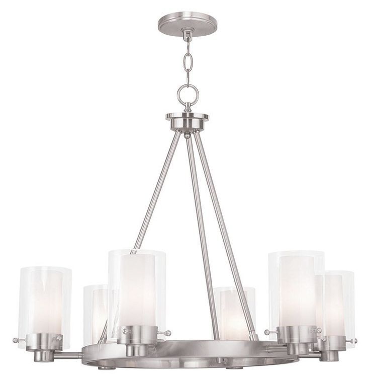 Levi 6 Light Shaded Wagon Wheel Chandelier | Brushed Pertaining To Stone Grey With Brushed Nickel Six Light Chandeliers (Photo 11 of 15)