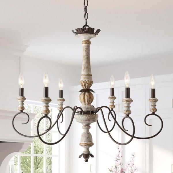 Lnc 6 Light Antique White Wood French Country Farmhouse Within French White 27 Inch Six Light Chandeliers (View 2 of 15)