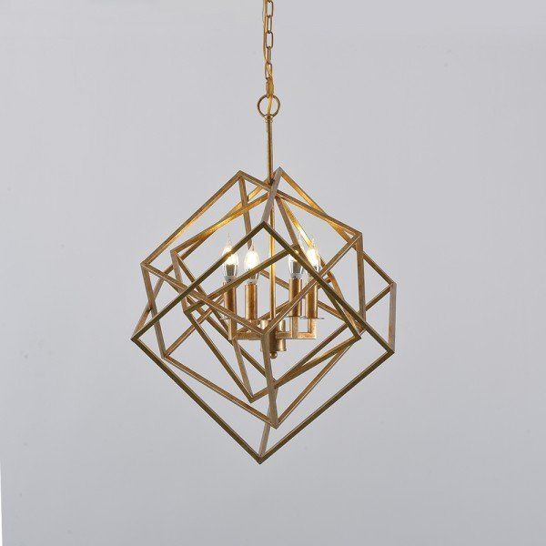 Luxury Modern Mid Century Square Geometric Candle In Antique Gold 13 Inch Four Light Chandeliers (Photo 11 of 15)