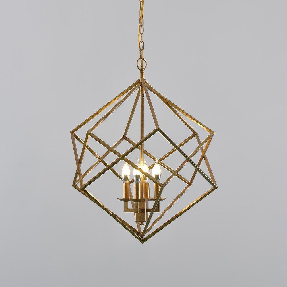 Luxury Modern Mid Century Square Geometric Candle Throughout Antique Gold 13 Inch Four Light Chandeliers (Photo 9 of 15)