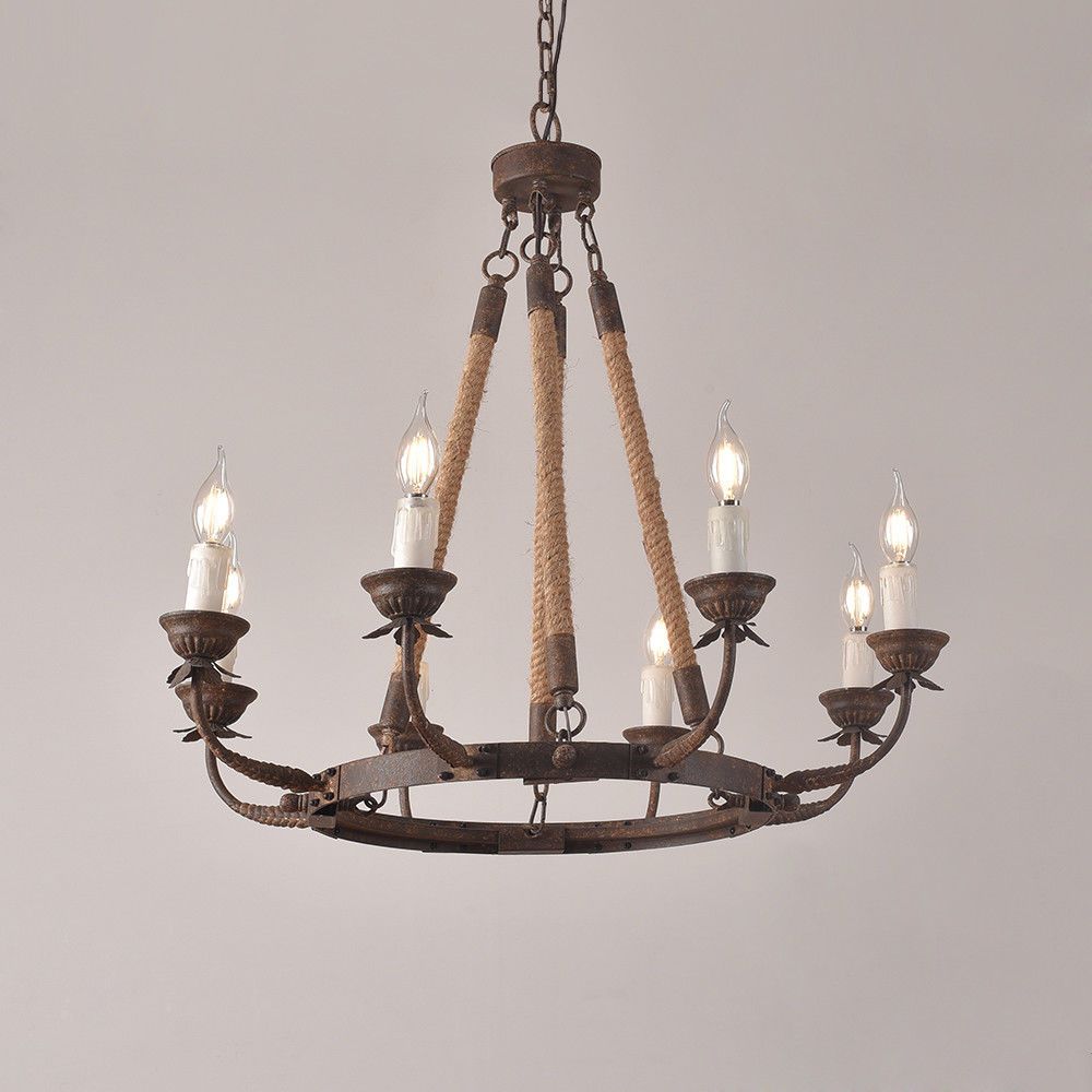 Rustic Iron Flaxen Hemp Rope & Metal 8 Light Round With Steel Eight Light Chandeliers (Photo 11 of 15)