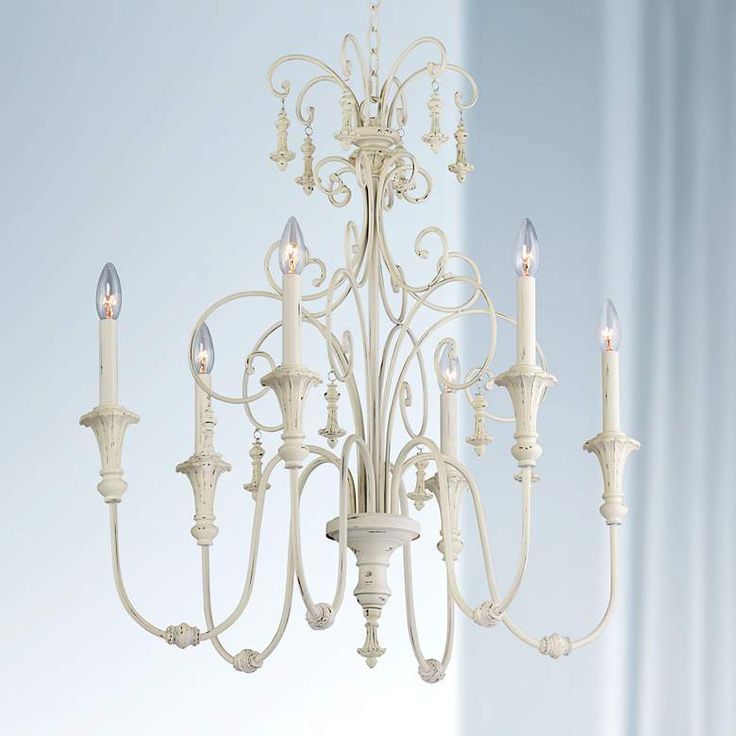 Scrolled Tiers 28" Wide Antique White 6 Light Chandelier Pertaining To French White 27 Inch Six Light Chandeliers (View 1 of 15)
