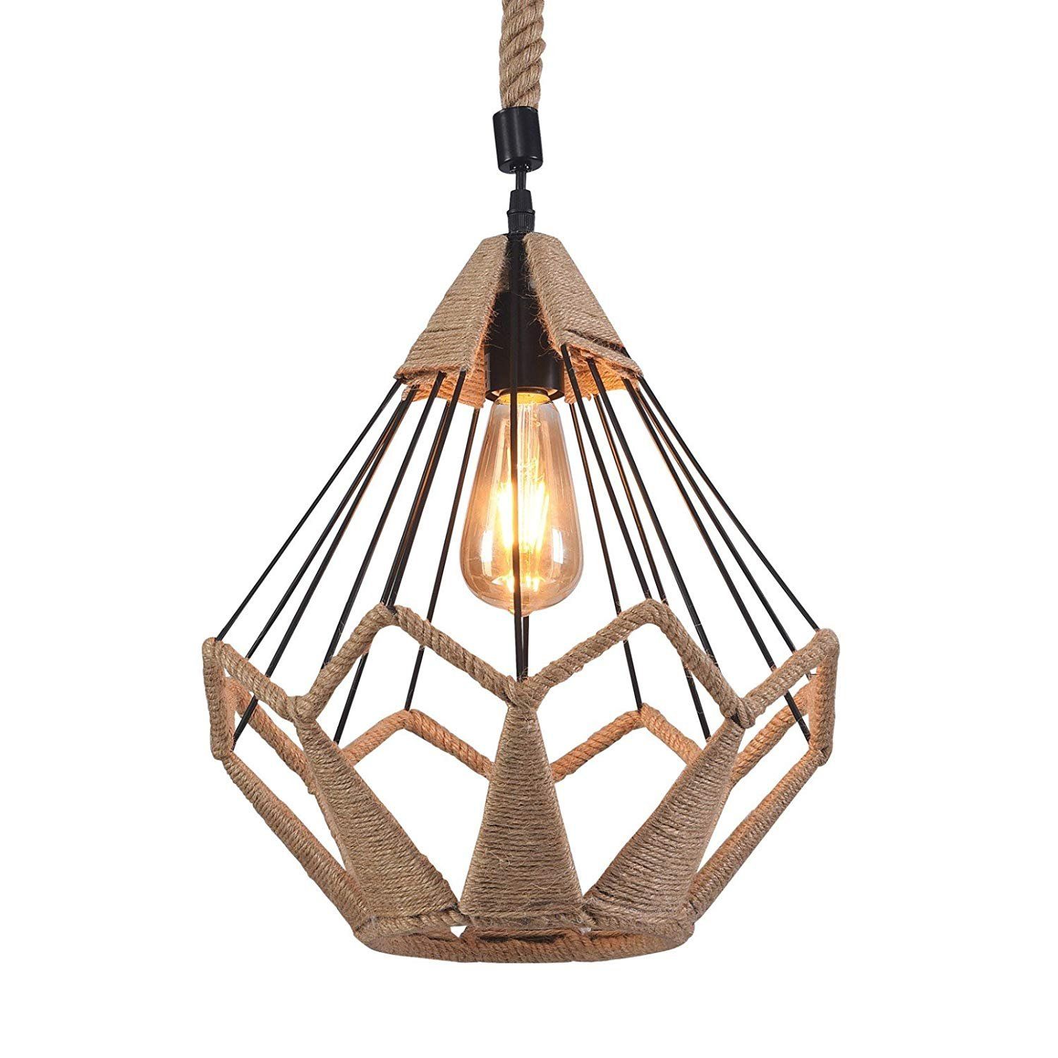 Wideskall 13" Industrial Natural Hemp Rope Iron Metal Wire Regarding Bubbles Clear And Natural Brass One Light Chandeliers (View 8 of 15)