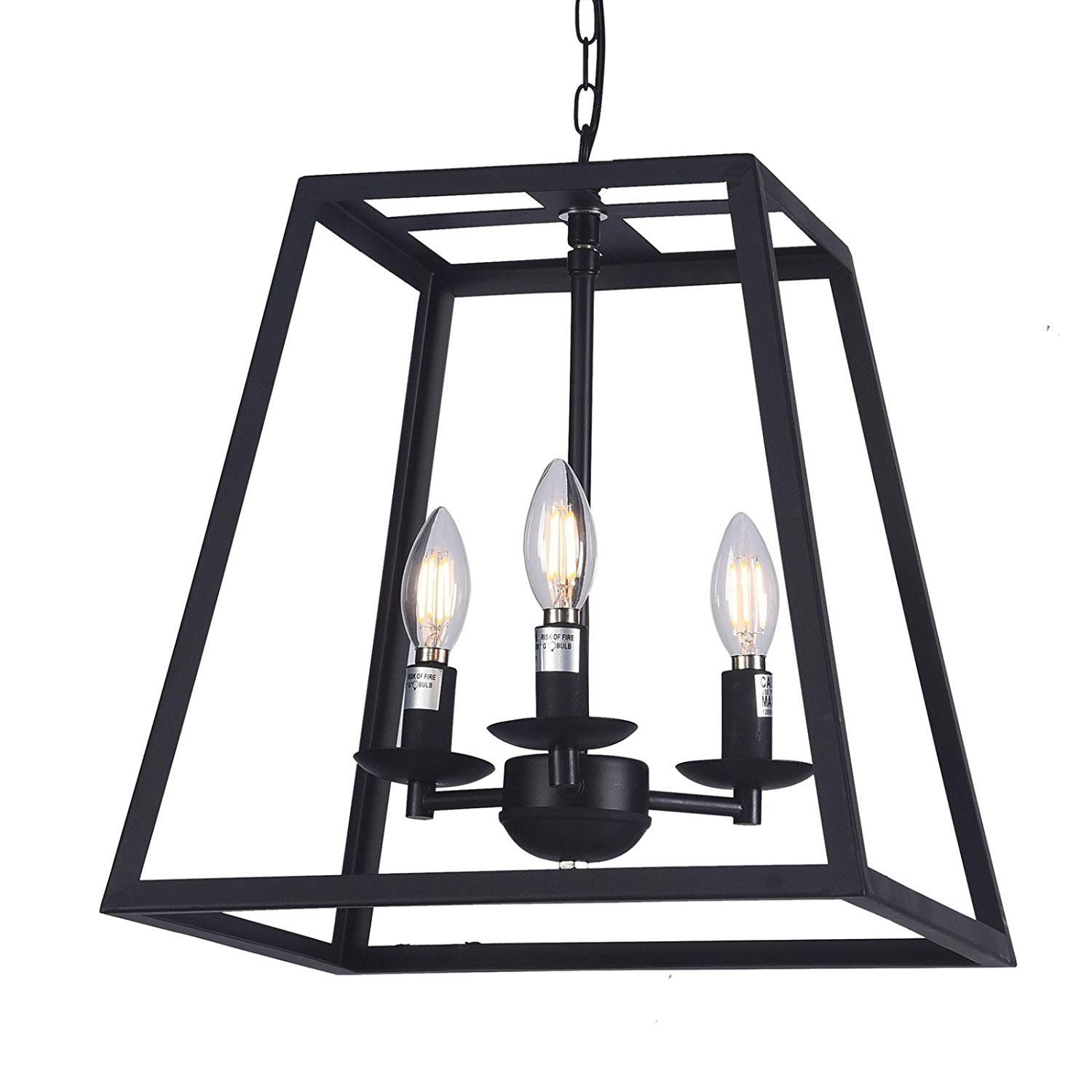 Wideskall 14" Modern Black Metal Iron Frame Square Cage In Matte Black Three Light Chandeliers (Photo 1 of 15)