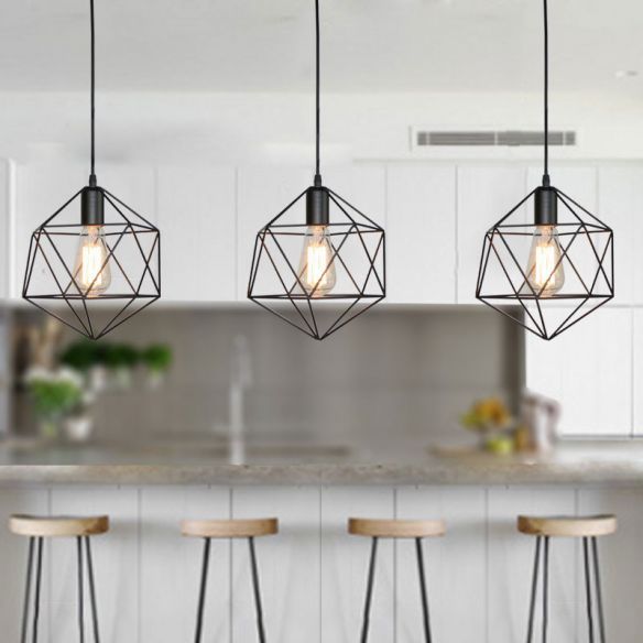1 Light Geometric Cage Pendant Light Industrial Black Intended For Black And Gold Kitchen Island Light Pendant (View 5 of 15)