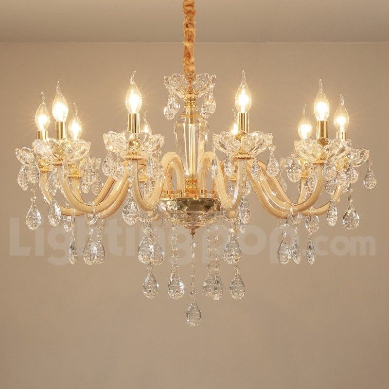 10 Light Gold Chandelier With Clear Crystal Candle Throughout Soft Gold Crystal Chandeliers (View 3 of 15)