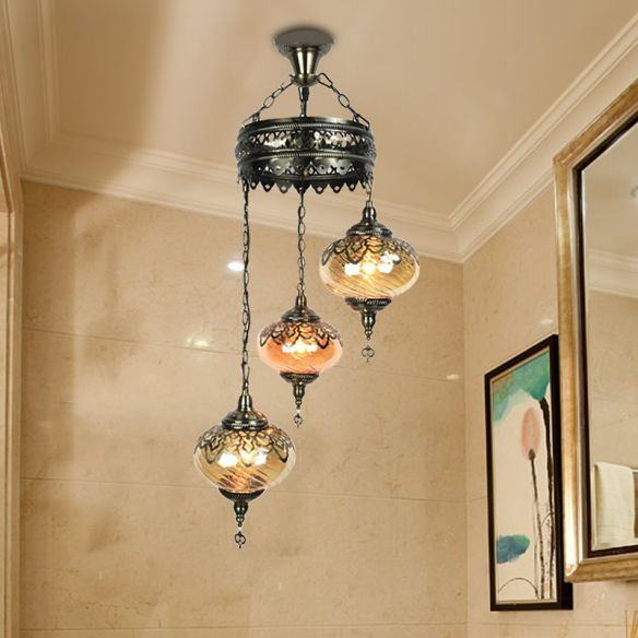 3/5 Heads Amber Swirl Glass Pendant Light Traditional Throughout Bronze Oval Chandeliers (View 10 of 15)