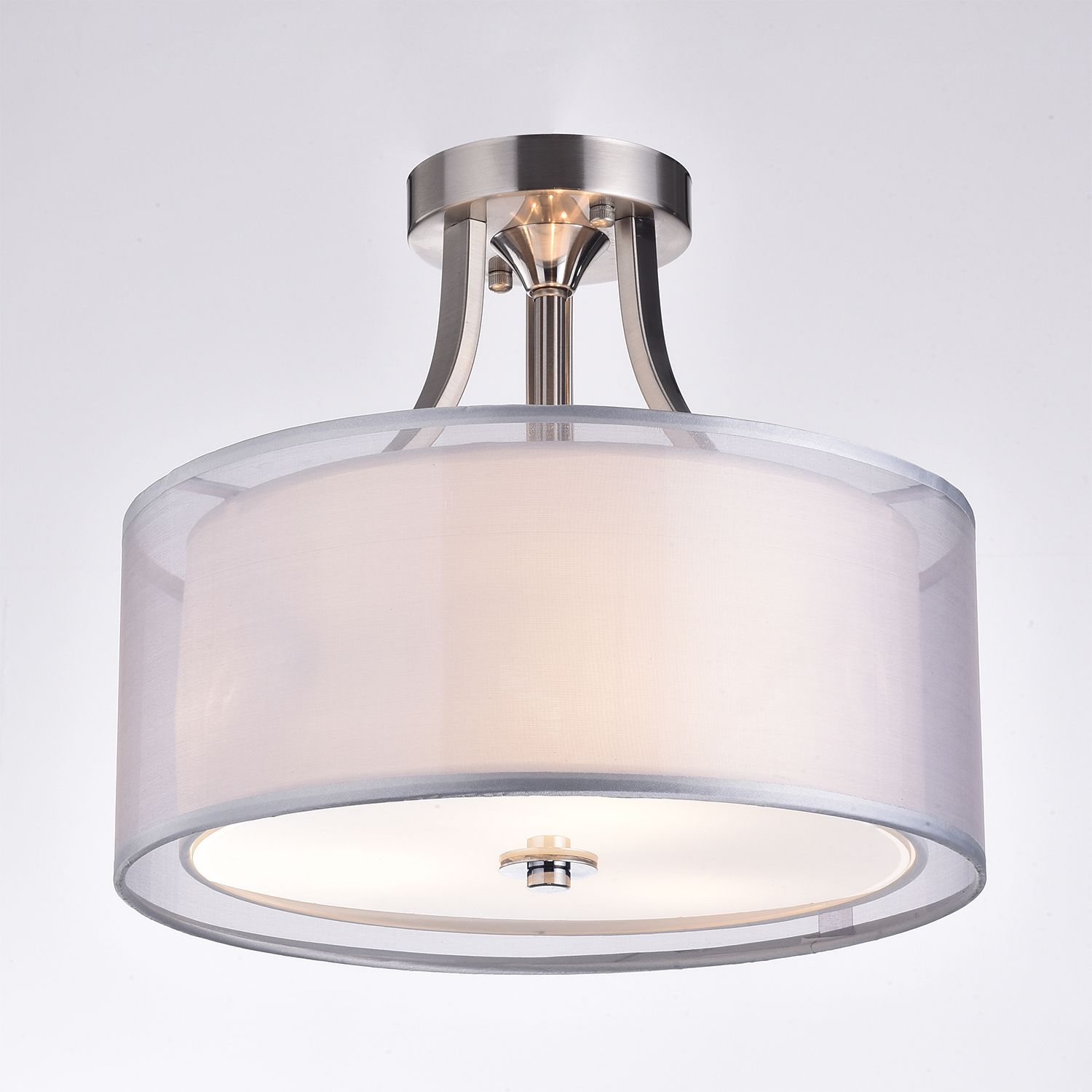 3 Light Brushed Nickel 2 Drum Shades Crystal Semi Flush Pertaining To Brushed Nickel Crystal Pendant Lights (View 8 of 15)