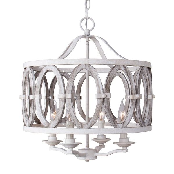 4 Light Distressed White Drum Shade Wooden Chandelier – 18 Pertaining To Distressed Cream Drum Pendant Lights (View 5 of 15)