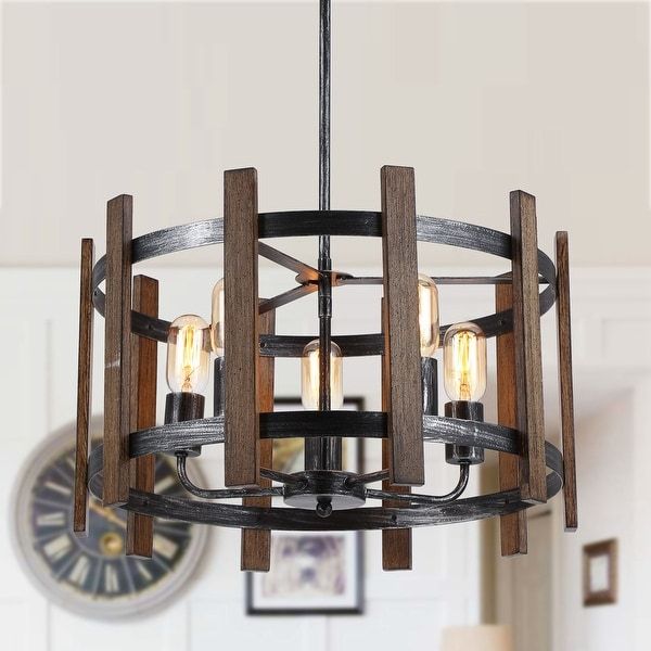 5 Light Distressed Black And Brushed Wood Drum Chandelier For Distressed Cream Drum Pendant Lights (View 11 of 15)