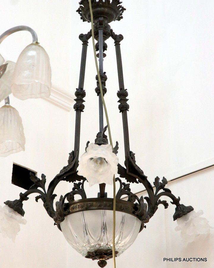 A Belle Epoque Bronze And Frosted Glass Chandelier, Circa Inside Bronze And Scavo Glass Chandeliers (View 14 of 15)