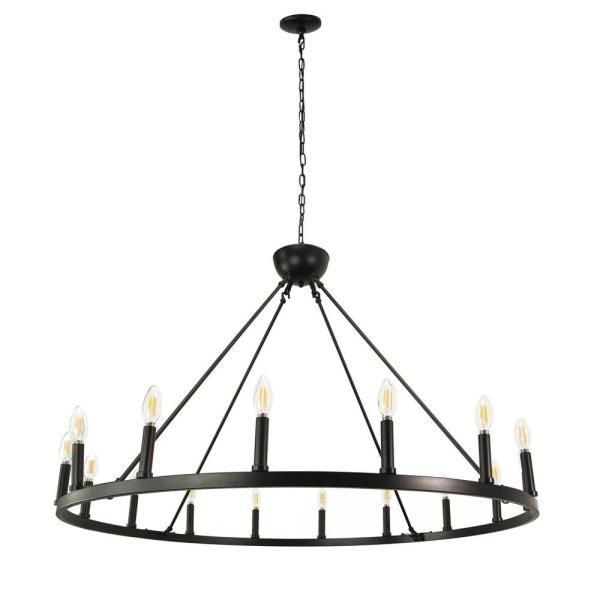 Andmakers Ancora 16 Light Matte Black Wagon Wheel Pertaining To Black Wagon Wheel Ring Chandeliers (Photo 14 of 15)