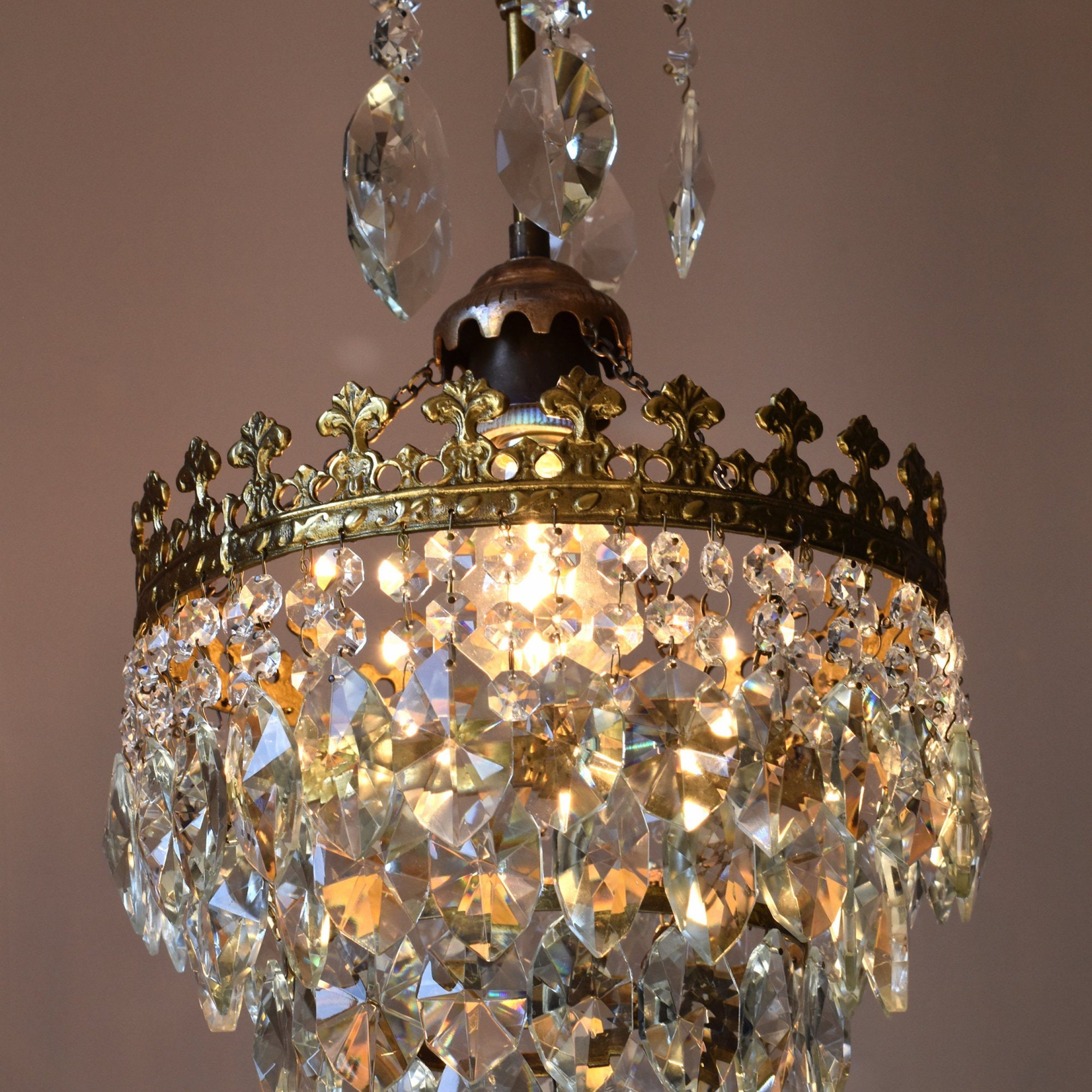Antique & Vintage Brass Crystal Chandelier, Petite Ceiling Inside Antique Brass Crystal Chandeliers (View 5 of 15)