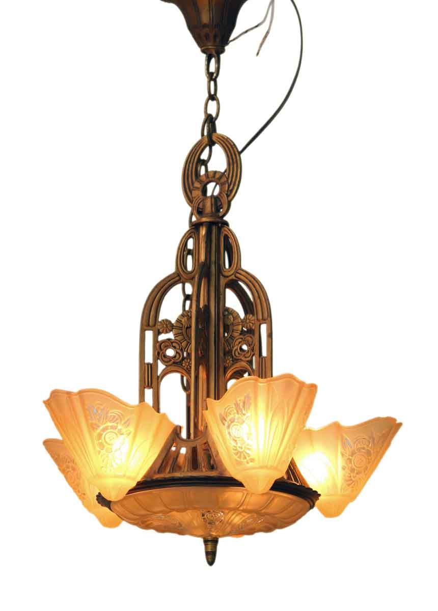 Art Deco Chandelier With Amber Glass Slip Shades | Olde With Regard To Art Glass Chandeliers (View 5 of 15)