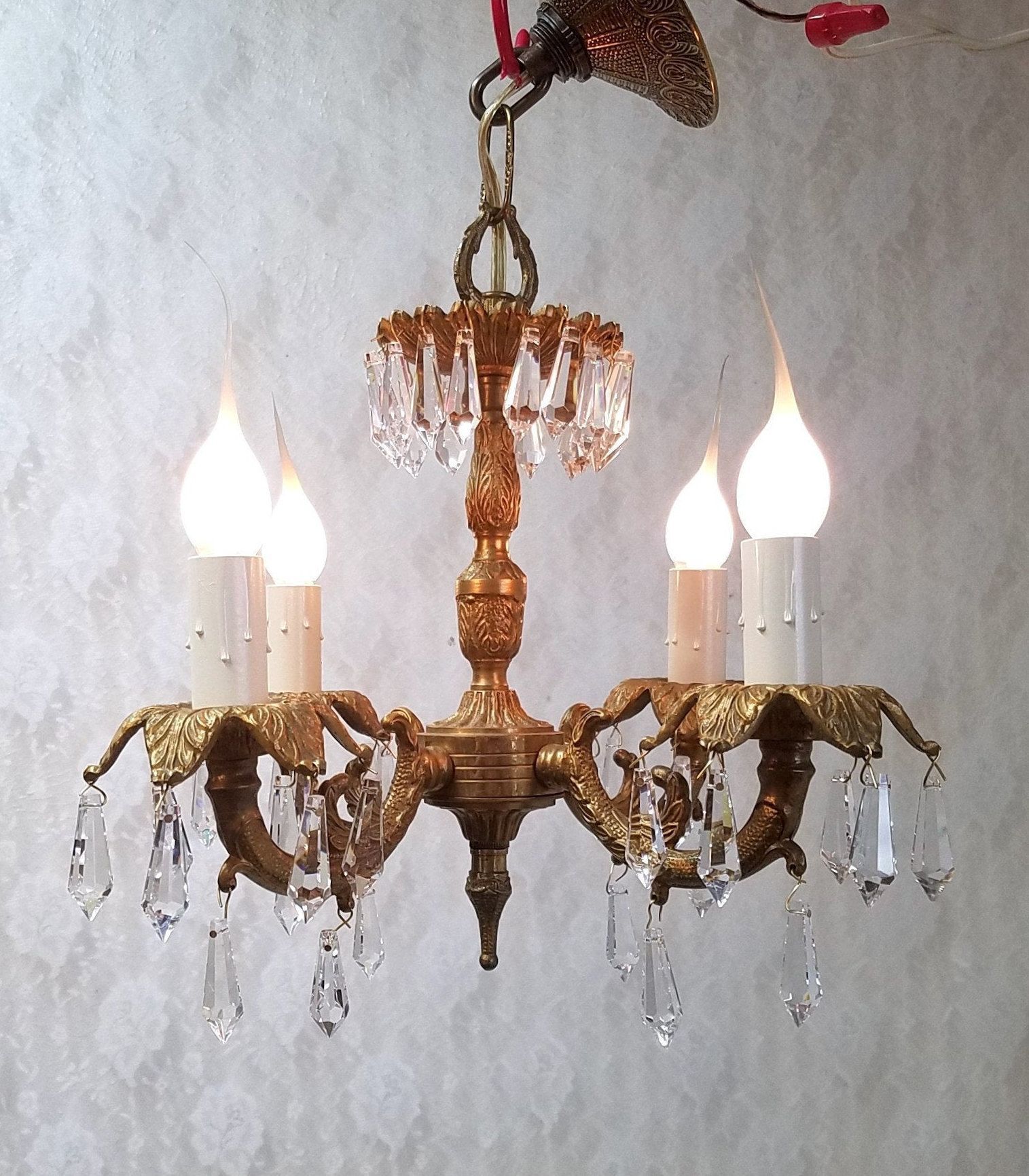 Four Light Petite Brass Crystal Chandelier Beautiful Throughout Walnut And Crystal Small Mini Chandeliers (View 4 of 15)