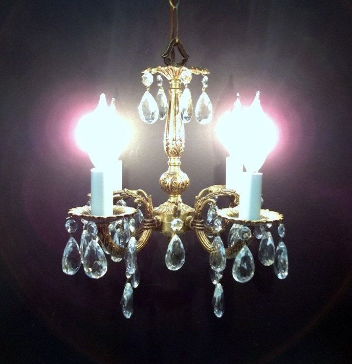 Four Light Petite Brass Crystal Chandelier Small Crystal Throughout Walnut And Crystal Small Mini Chandeliers (Photo 1 of 15)