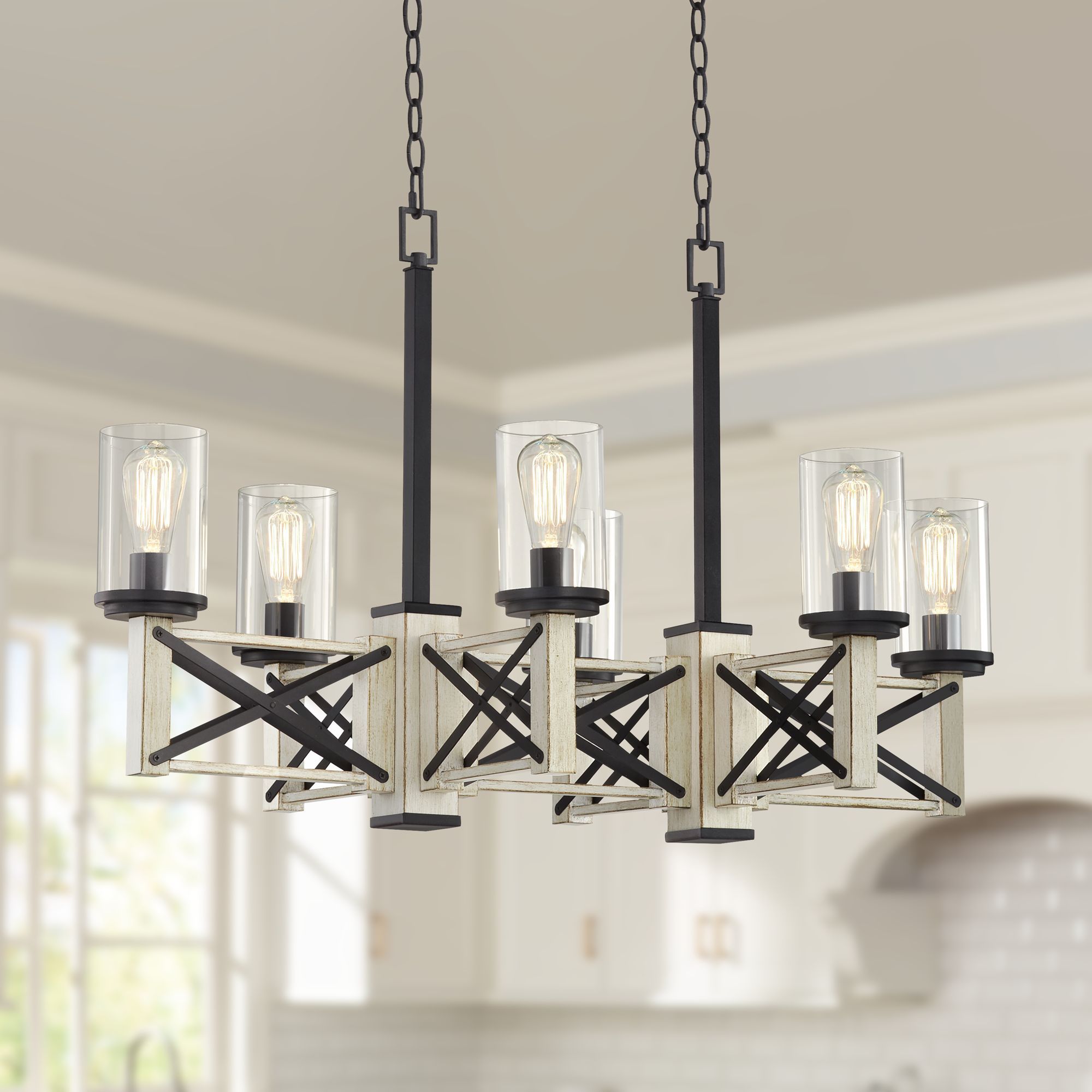 Franklin Iron Works Black White Wash Wood Linear Pendant For Rustic Black Chandeliers (View 15 of 15)