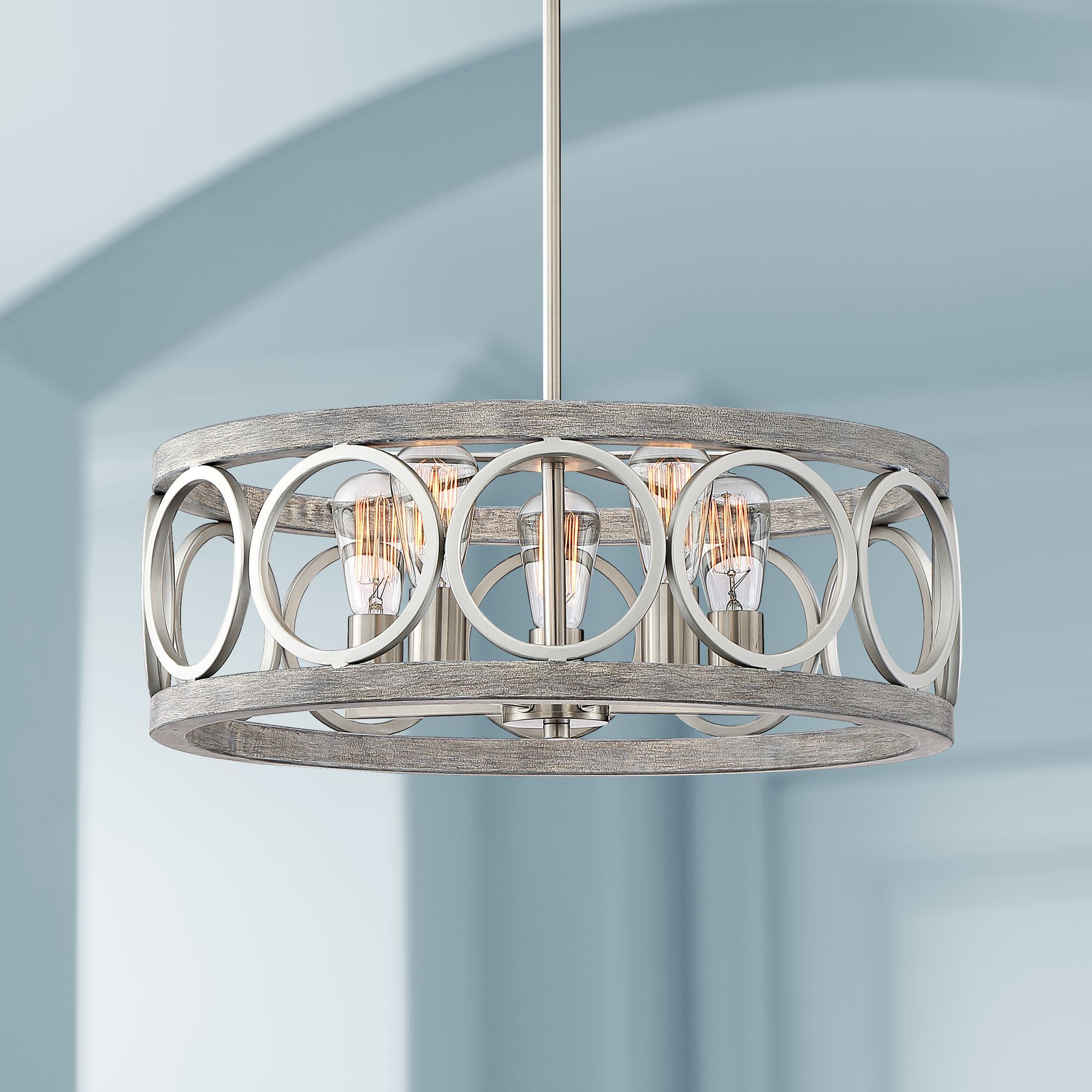 Franklin Iron Works Brushed Nickel Wood Pendant Chandelier For Brushed Nickel Modern Chandeliers (View 3 of 15)