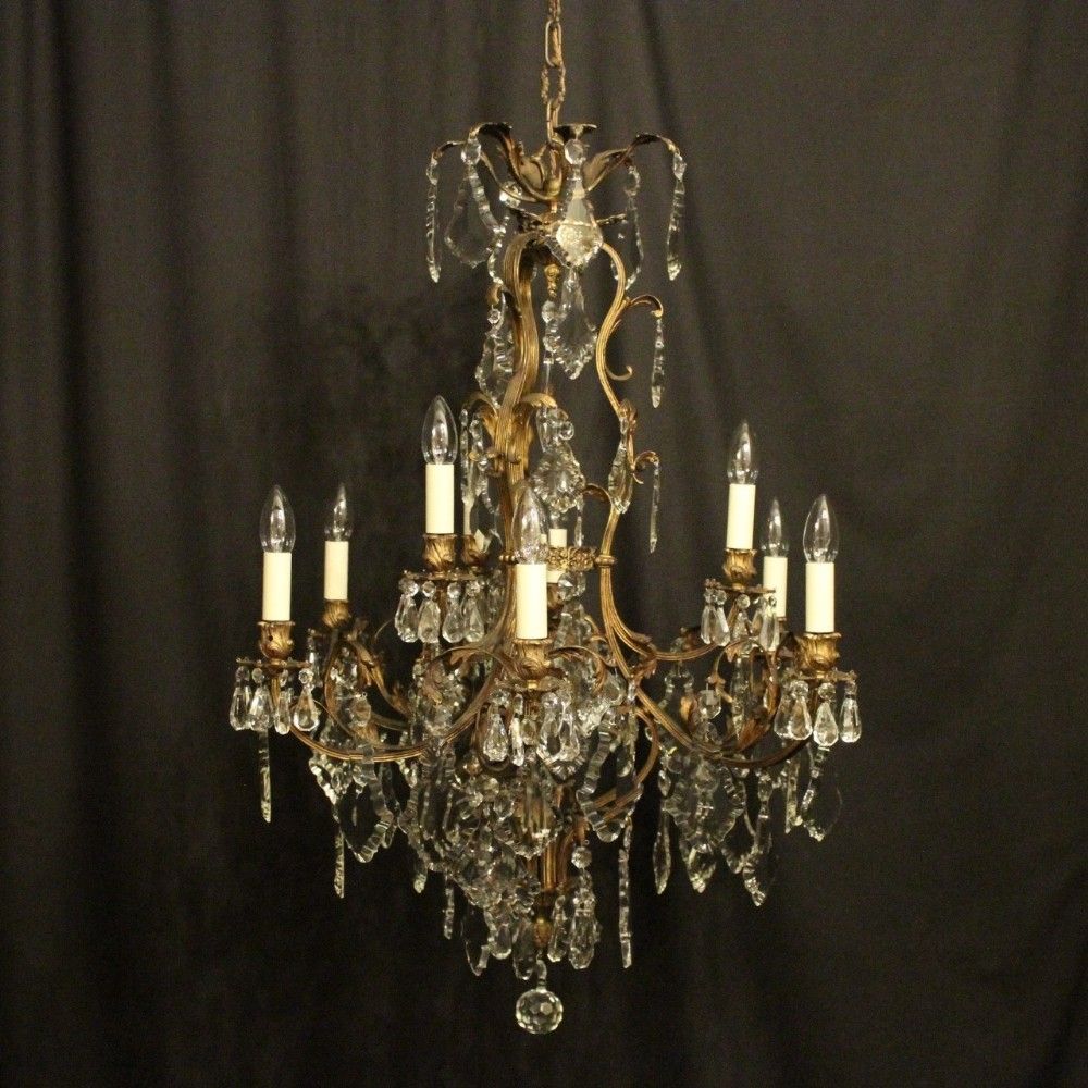French Gilded Bronze & Crystal 9 Light Antique Chandelier Inside Antique Brass Crystal Chandeliers (View 4 of 15)