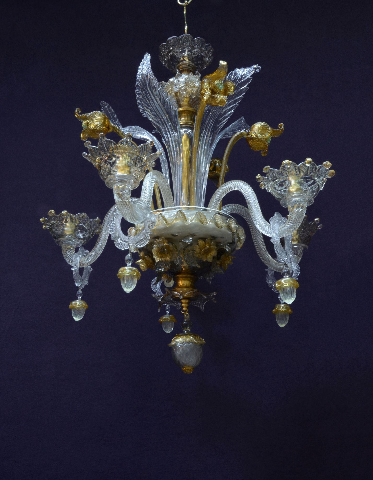 Gold And Champagne Coloured Venetian Glass Five Branch Regarding Champagne Glass Chandeliers (View 9 of 15)