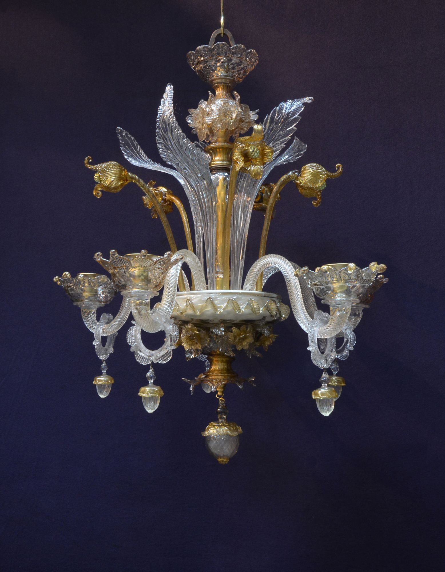 Gold And Champagne Coloured Venetian Glass Five Branch With Champagne Glass Chandeliers (View 11 of 15)