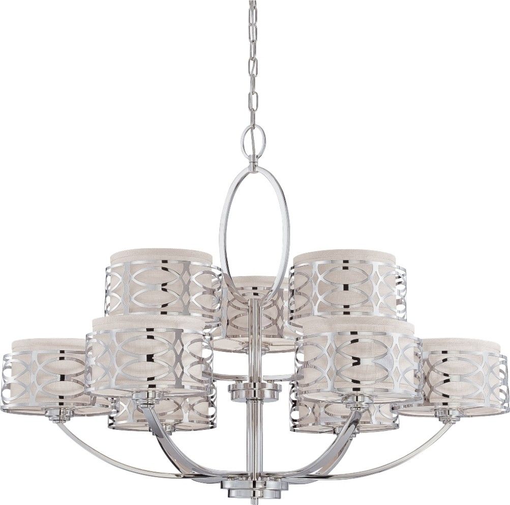 Harlow Nickel Chandelier Gray Drum Shades 38"wx29"h Inside Stone Gray And Nickel Chandeliers (View 8 of 15)