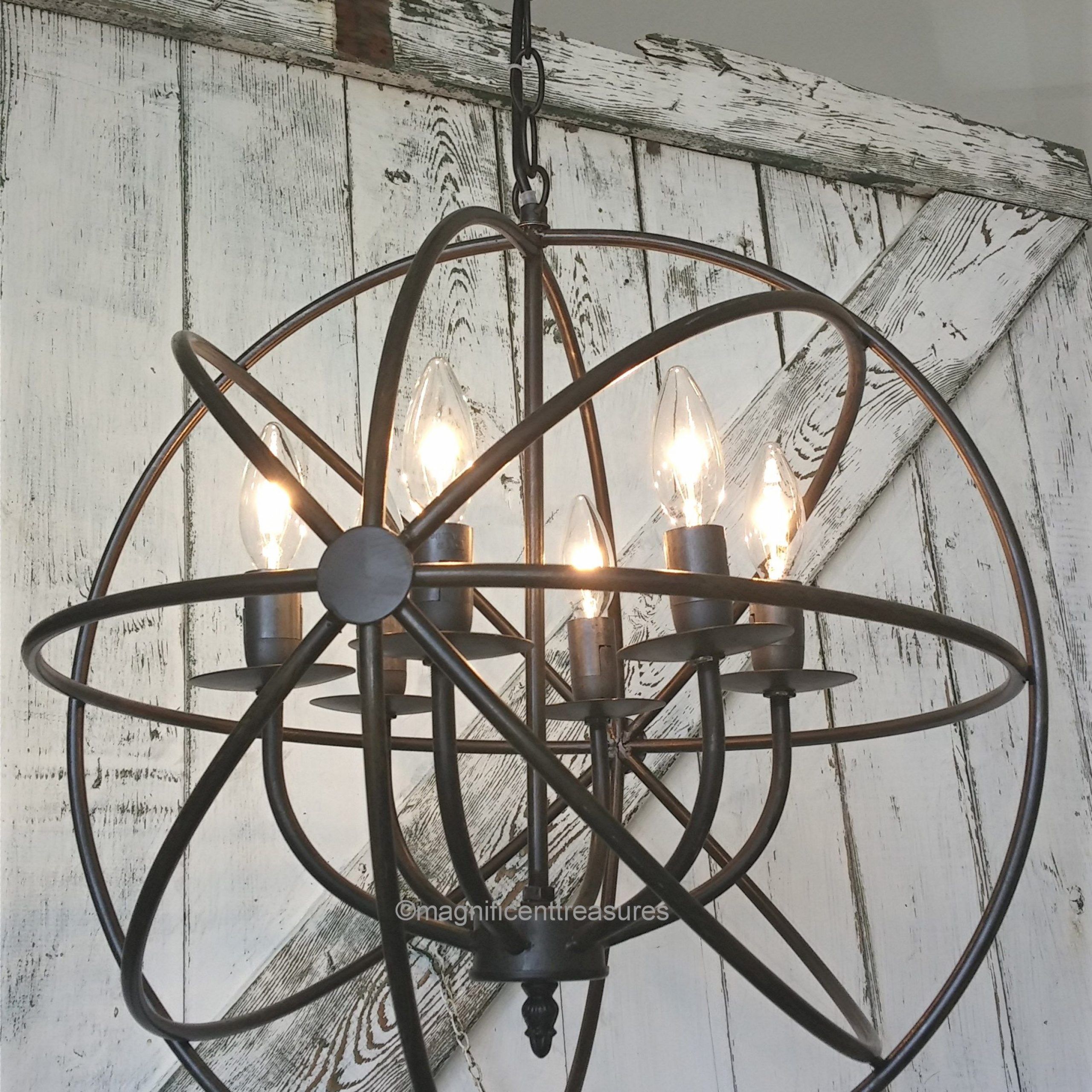 Industrial, Rustic Metal Round Armillary Sphere Chandelier With Regard To Bronze Sphere Foyer Pendant (Photo 7 of 15)