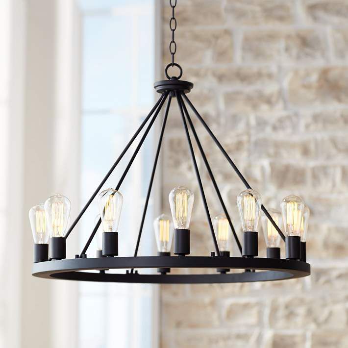 Lacey 28" Wide Round Black 12 Light Wagon Wheel Chandelier Pertaining To Black Wagon Wheel Ring Chandeliers (Photo 15 of 15)
