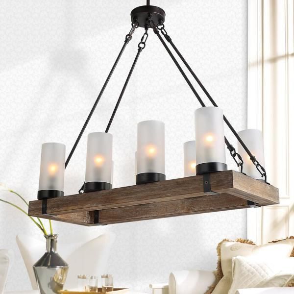 Lnc Farmhouse 8 Light Wood Frosted Glass Pendant Bronze Pertaining To Bronze Kitchen Island Chandeliers (View 6 of 15)