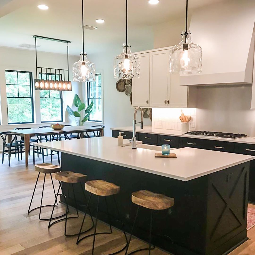 Modern Farmhouse With Two Toned Kitchen Cabinets, Matte Inside Black Wood Grain Kitchen Island Light Pendant Lights (View 14 of 15)