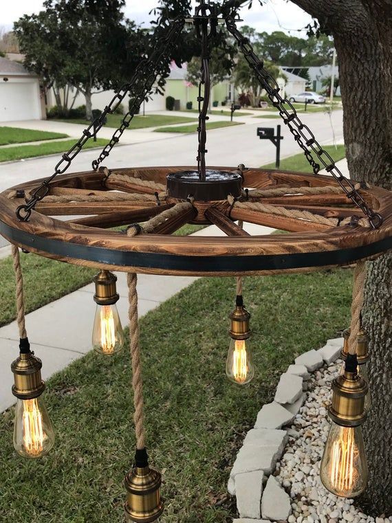 Wagon Wheel Chandelier With Vintage Bulbs (brown Chain With Regard To Wood Ring Modern Wagon Wheel Chandeliers (View 15 of 15)