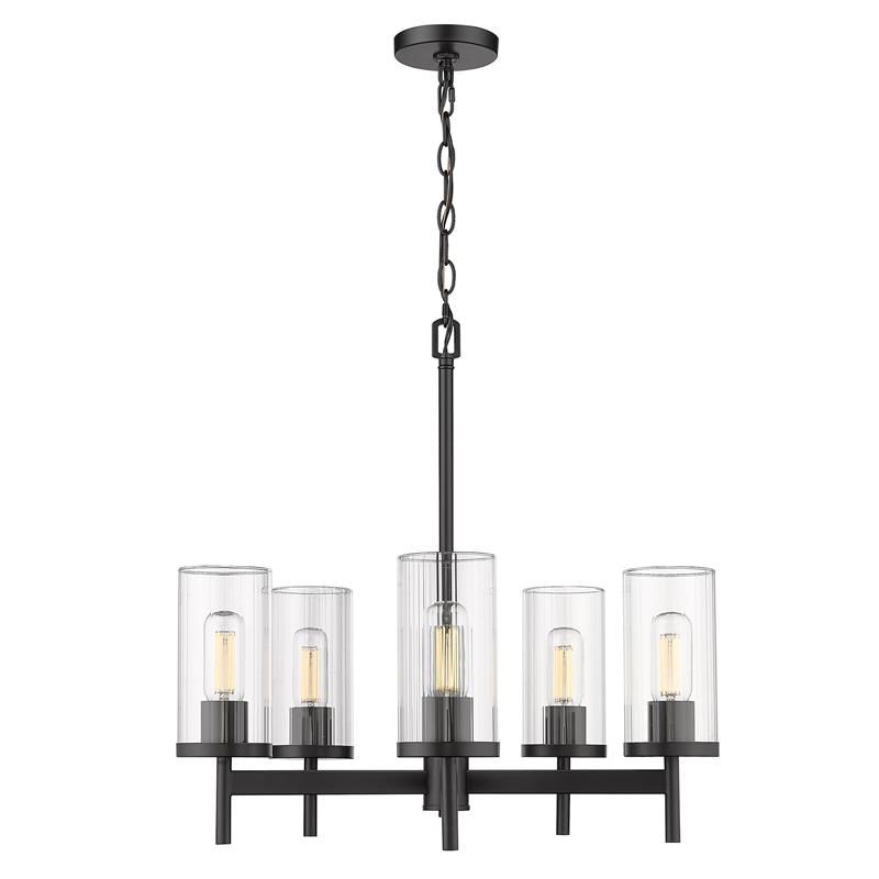 Winslett 5 Light Chandelier In Matte Black With Ribbed For Matte Black Chandeliers (View 11 of 15)