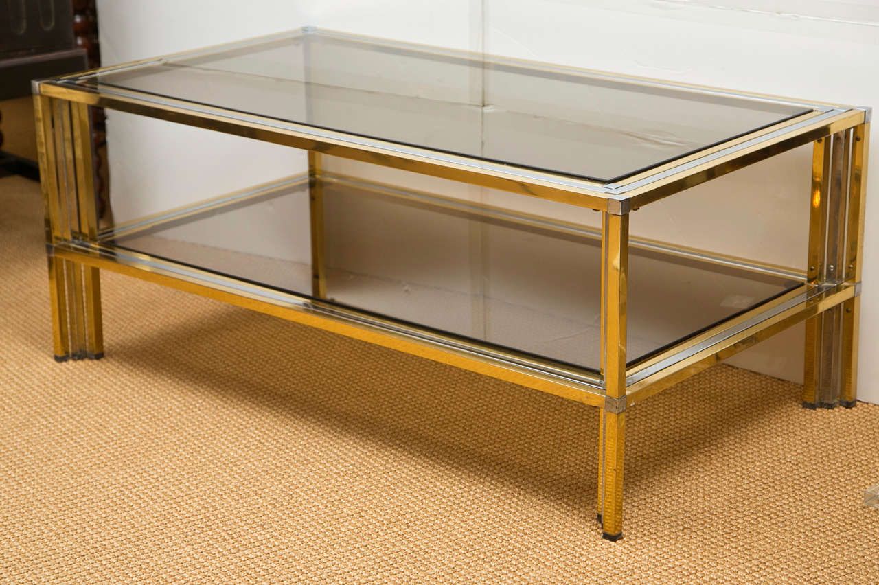 1970s French Brass And Chrome Rectangular Cocktail Table Throughout Brass Smoked Glass Cocktail Tables (View 9 of 15)
