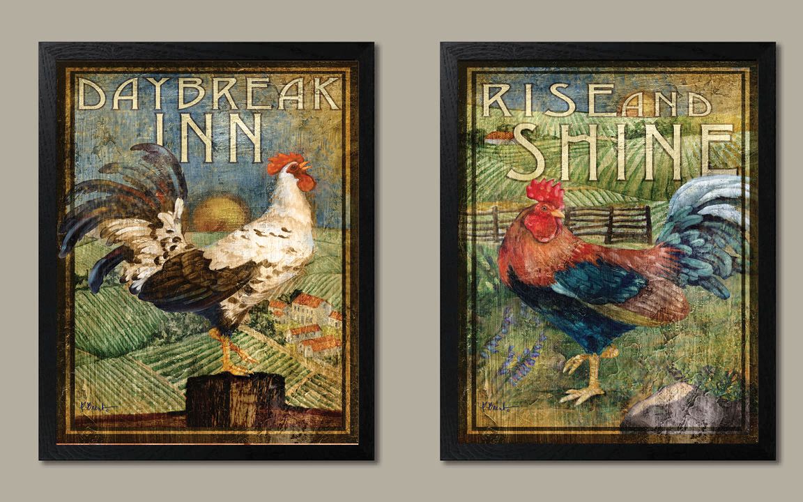 2 Retro Rooster Rustic Art Prints; Country Kitchen Decor In Lines Framed Art Prints (View 1 of 15)