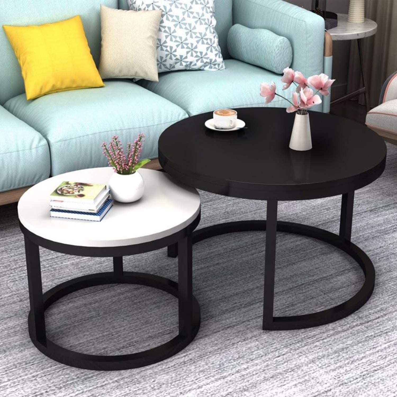 2 Round Tea Table Coffee Table Desk Sets | Black & White For Gray Wood Black Steel Coffee Tables (View 2 of 15)