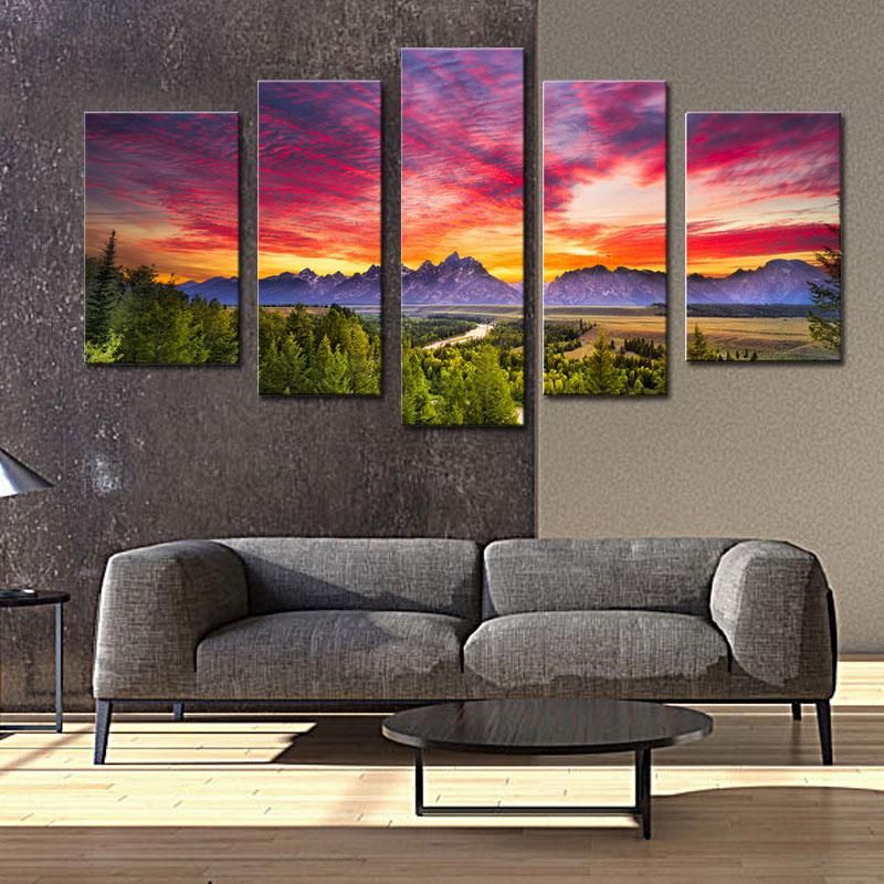 2019 5 Panels Sunset Mountain Painting Wall Art Grand Pertaining To Sunset Wall Art (View 6 of 15)
