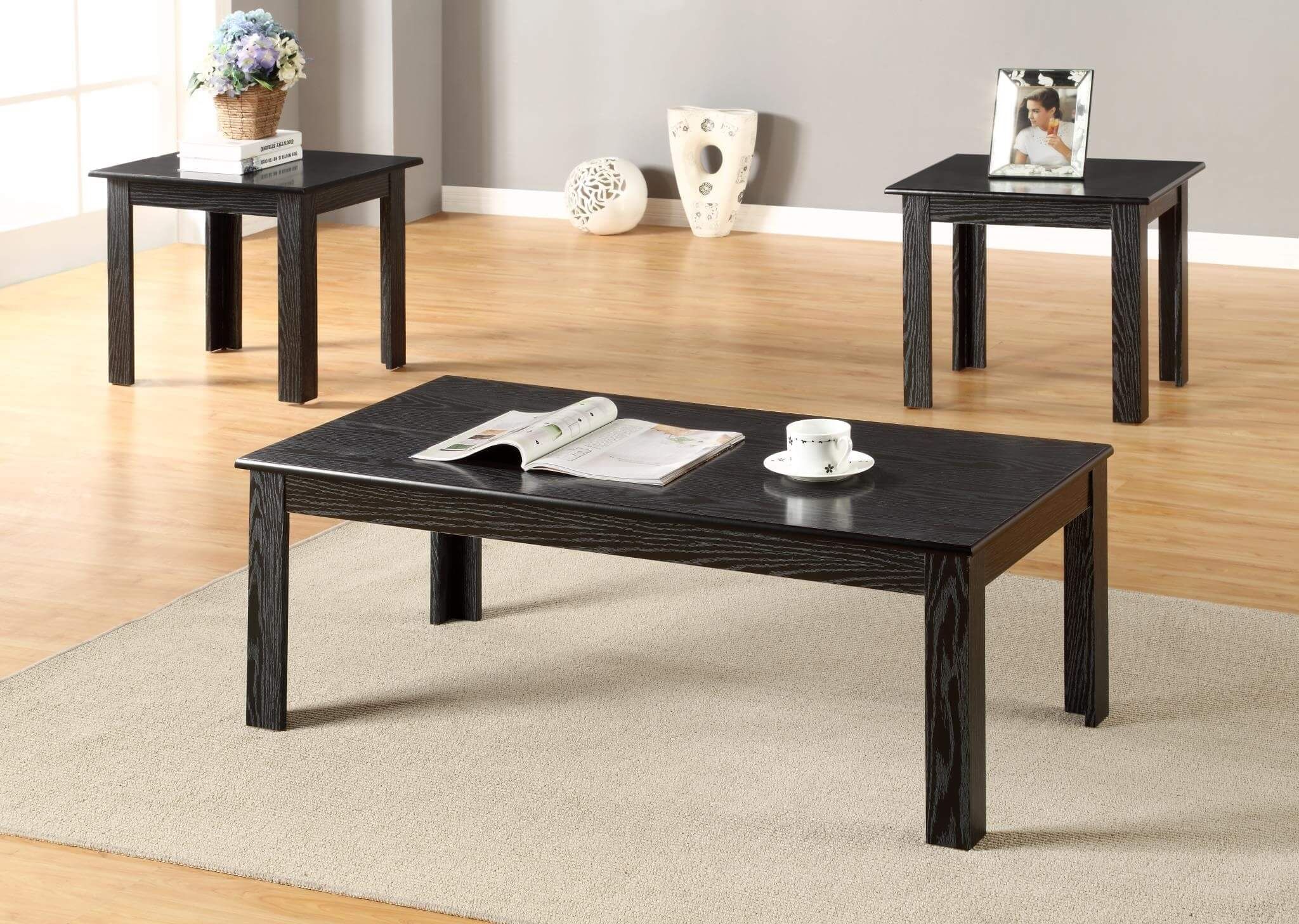 3 Piece Black Coffee And End Table Set | Occasional Tables Inside Aged Black Coffee Tables (View 4 of 15)