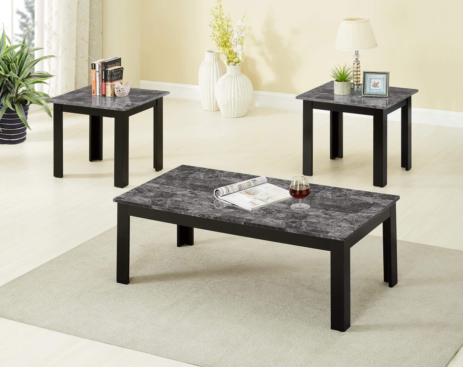3 Piece Black Faux Marble Coffee And End Table Set Intended For Marble Coffee Tables Set Of  (View 12 of 15)