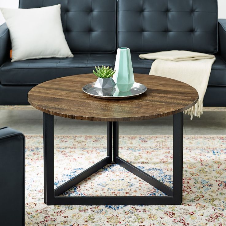 32" Modern Metal Base Round Coffee Table In Dark Walnut Within Walnut Wood And Gold Metal Coffee Tables (View 7 of 15)