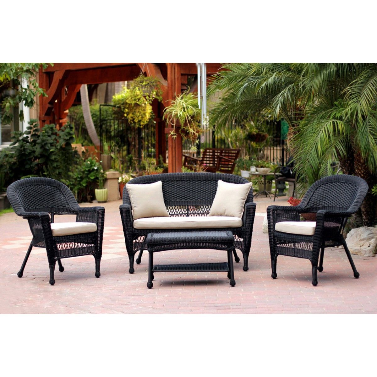 4pc Black Wicker Conversation Set – Tan Cushion With Black And Tan Rattan Coffee Tables (View 3 of 15)
